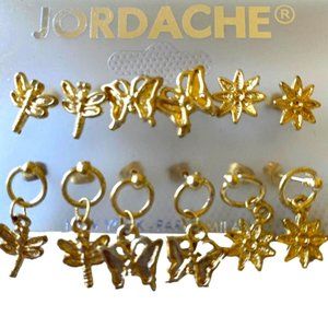 Vintage Jordache Set of 6 Golden Earrings - Dragonfly, Butterfly, Star - NEW